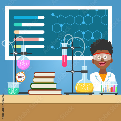 Chemistry class vector illustration. School boy with chemistry equipment