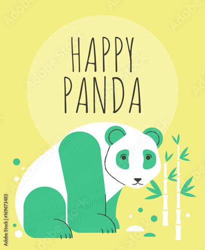 Fototapeta Naklejka Na Ścianę i Meble -  Cute panda with flowers and plants greeting card