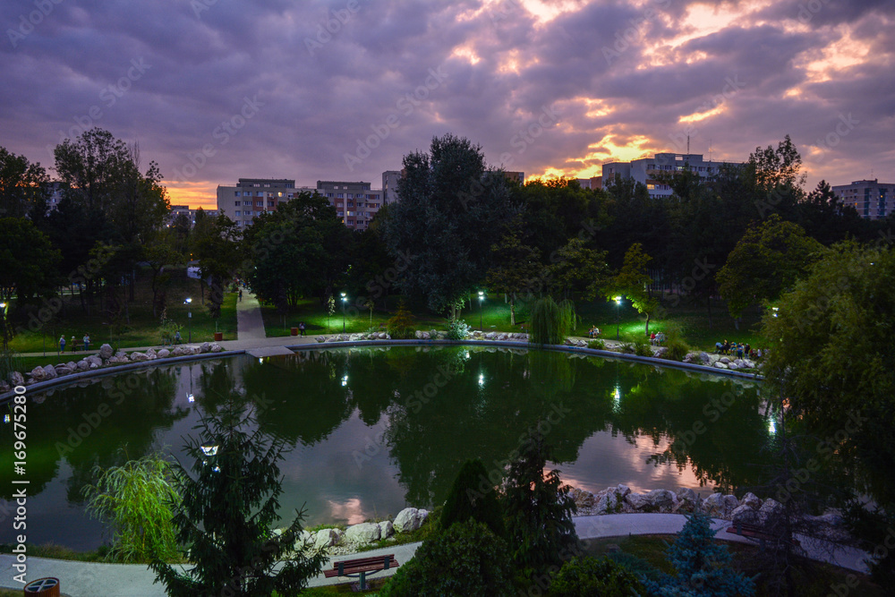 Moghioroshi Park seen at sunset, in Bucharest, Romania 