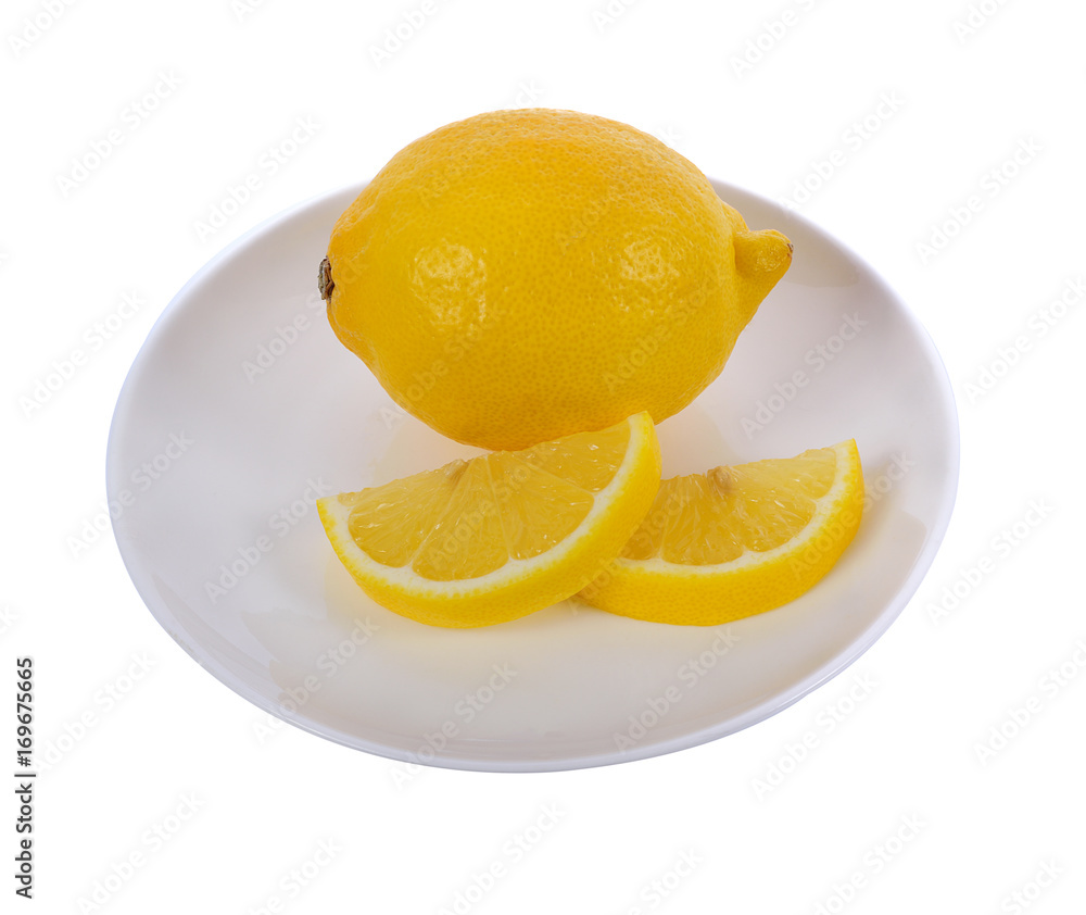 lemon in white plate isolated on white background lemon in white plate isolated on white background