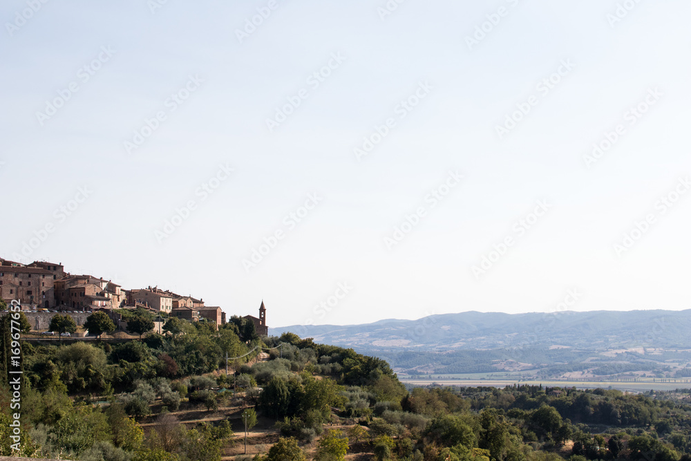 View of the mountains between umbria and tuscany in italy with the town of the città della pieve in the lower left