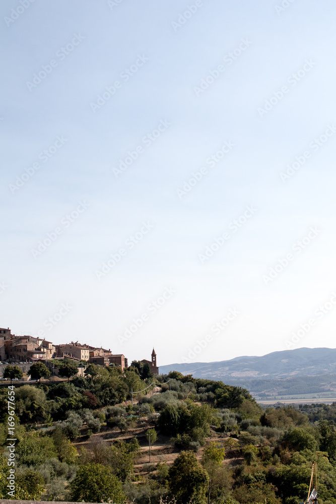 View of the mountains between umbria and tuscany in italy with the town of the città della pieve in the lower left
