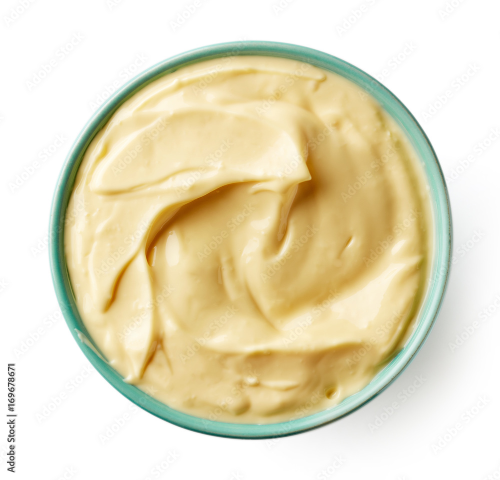 Mayonnaise in blue bowl isolated on white, from above