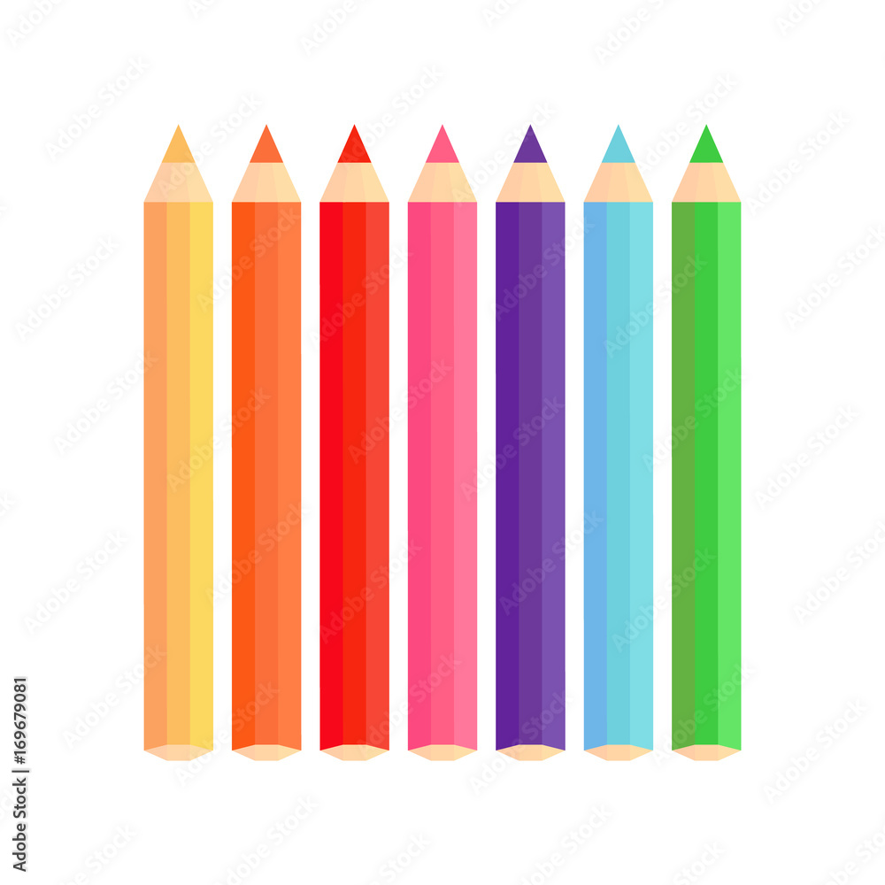 Coloured pencils vector graphic. Yellow, orange, red, pink, purple, blue  and green colored pencil, isolated on white background. Rainbow pencils.  Stock Vector