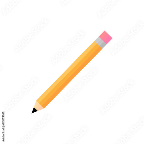 Realistic pencil vector illustration. Pencil graphic isolated on white background. School supplies, yellow pencil with pink rubber flat icon.