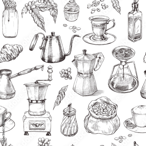 Coffee, seamless pattern, vintage hand drawn