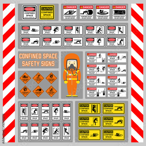 Set of safety signs and symbols of confined space, Signs and symbols for use as safety warning and regulation at confined space area, Rope buddy system