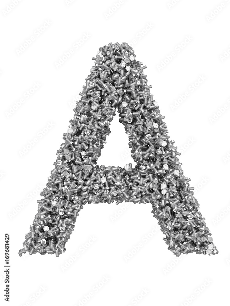 3D render of silver or grey alphabet make from bolts. Big letter A with clipping path. Isolated on white background 3D render of silver or grey alphabet make from bolts. Big letter A with clipping path. Isolated on white background
