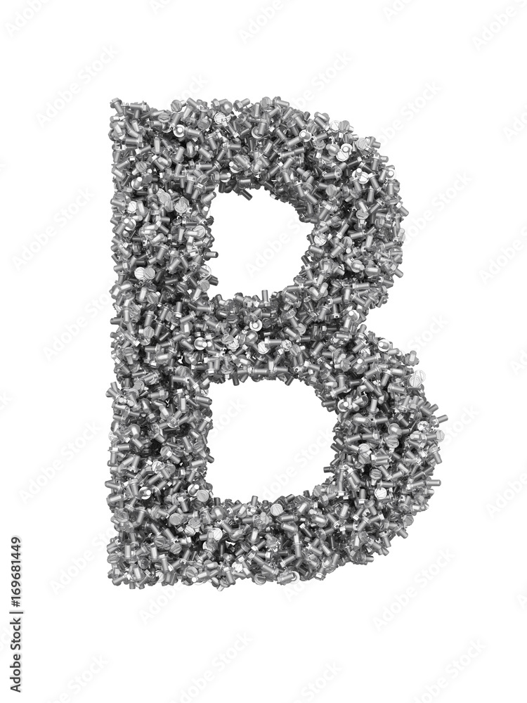 3D render of silver or grey alphabet make from bolts. Big letter B with clipping path. Isolated on white background