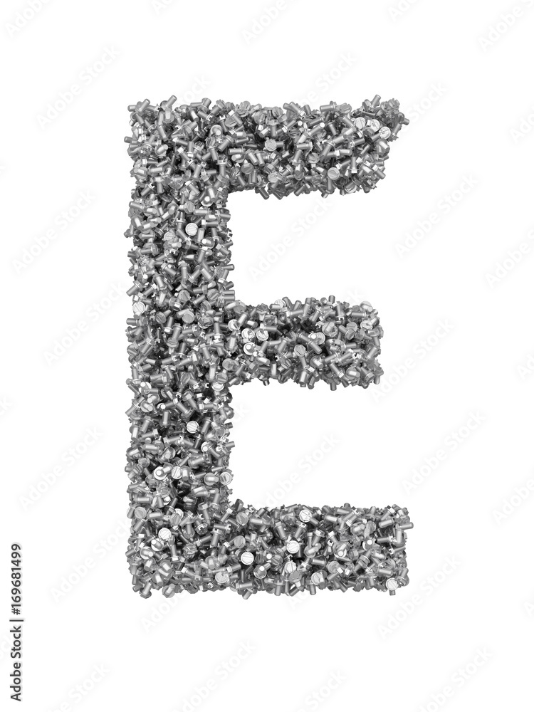 3D render of silver or grey alphabet make from bolts. Big letter E with clipping path. Isolated on white background 3D render of silver or grey alphabet make from bolts. Big letter E with clipping path. Isolated on white background