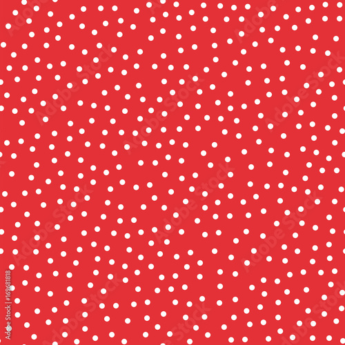 White polka dots seamless pattern on red background. Cute classic white polka dots textile pattern in restrained colours. Seamless scattered confetti fall chaotic decor. Vector illustration.