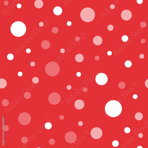 White polka dots seamless pattern on red background. Charming classic white polka dots textile pattern in restrained colours. Seamless scattered confetti fall chaotic decor. Vector illustration.