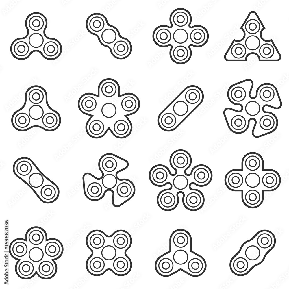Hand fidget spinner toy vector line style icon set. Stress and anxiety relief. Colorful illustrations, logo design