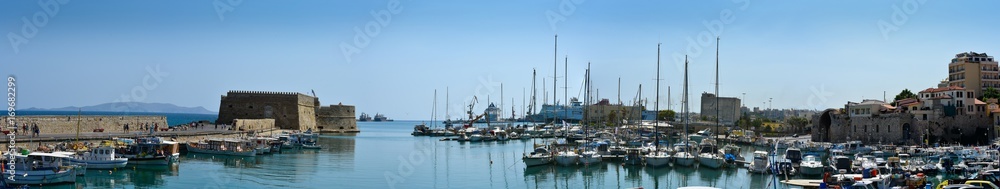 A view of the Cretan sea and Greek port of Chania on the island of Crete.