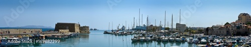 A view of the Cretan sea and Greek port of Chania on the island of Crete.