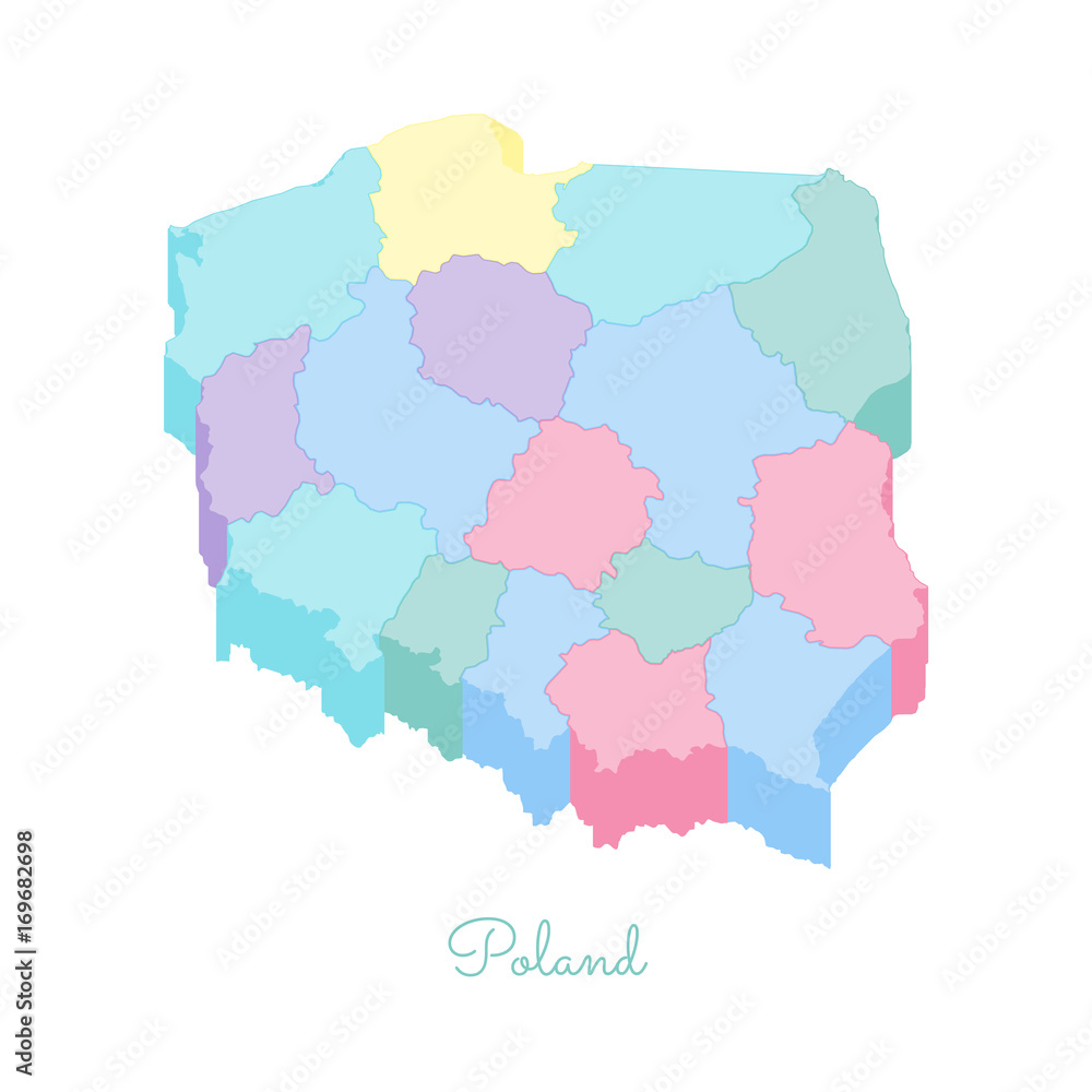 Fototapeta premium Poland region map: colorful isometric top view. Detailed map of Poland regions. Vector illustration.