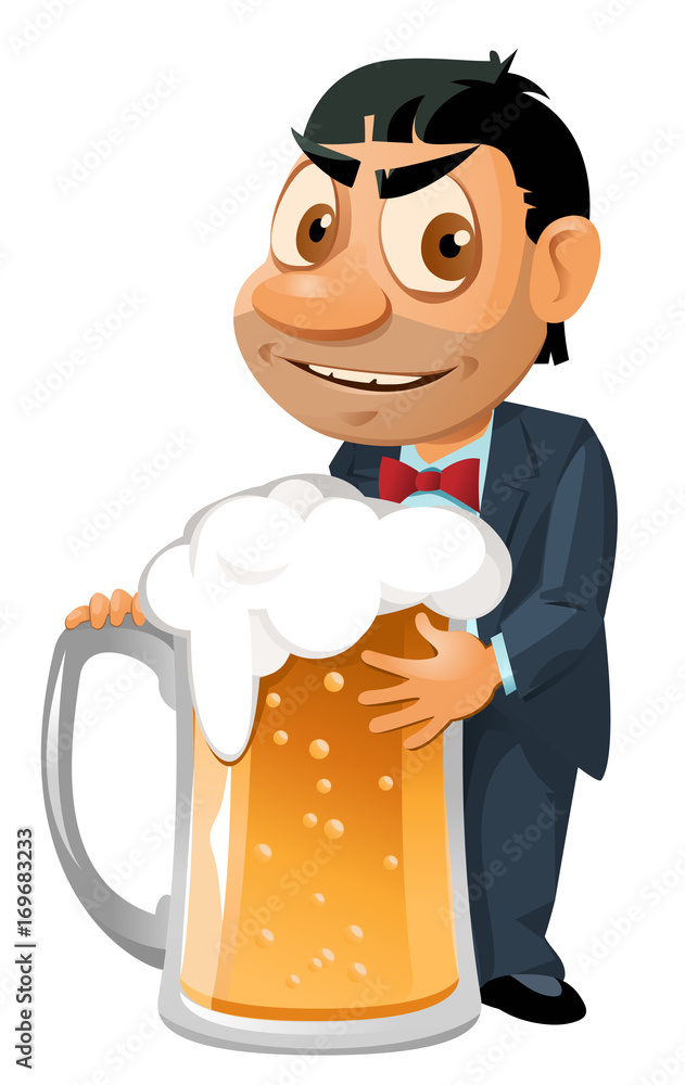Funny man in suit with a huge mug of beer. He is very fond of beer.