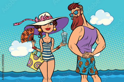retro couple at the sea, young woman bearded hipster