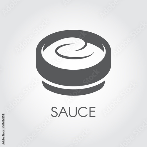 Bowl with abstract sauce, mayonnaise or yogurt. Also image can be used as a cosmetic cream. Icon drawnig in flat style. Vector illustration on a gray background photo