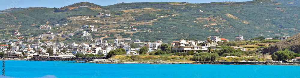 Panorama. The house on the slope of the shore. The Island Of Crete. Greece