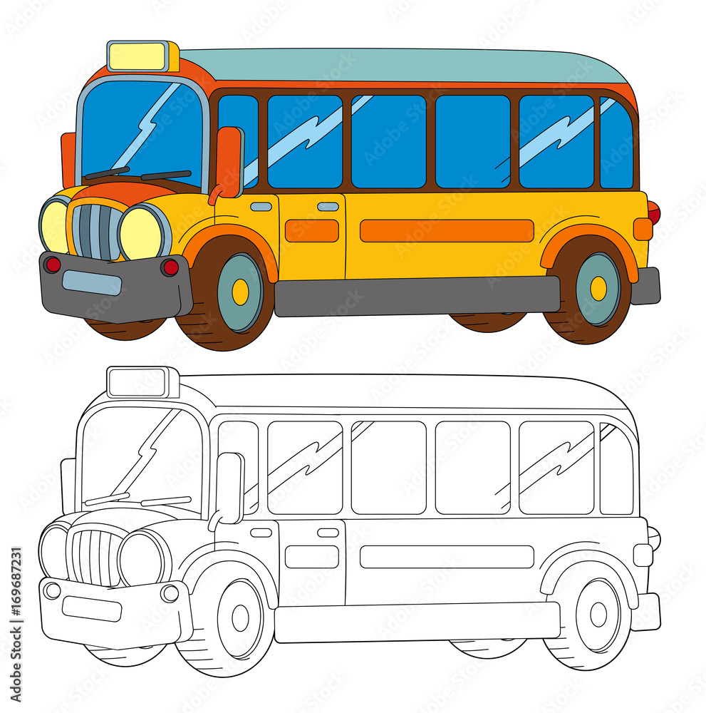 funny looking cartoon yellow bus - isolated coloring page illustration