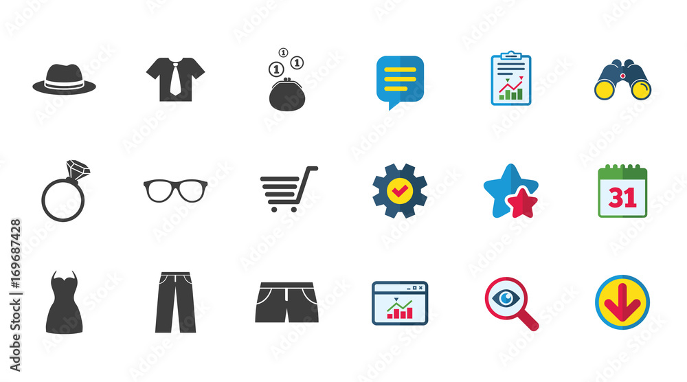 Clothes, accessories icons. Shopping signs. Clothes, accessories icons. Shopping signs.