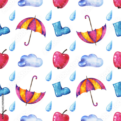 hands drawn watercolor autumn seamless pattern with umbrella, cloud, raindrop, apple and rubber kneeboot on white background for your design photo