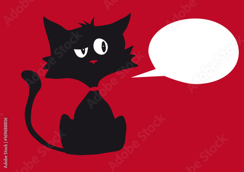 Photography One black cynic cat with one empty bubble label for your text, isolated on red b