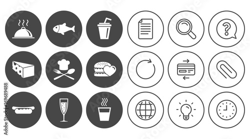 Food, drink icons. Alcohol, fish and burger.