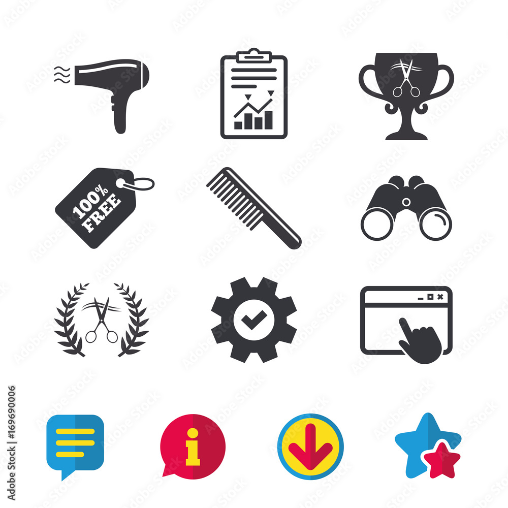 Hairdresser icons. Scissors cut hair symbol. Hairdresser icons. Scissors cut hair symbol.