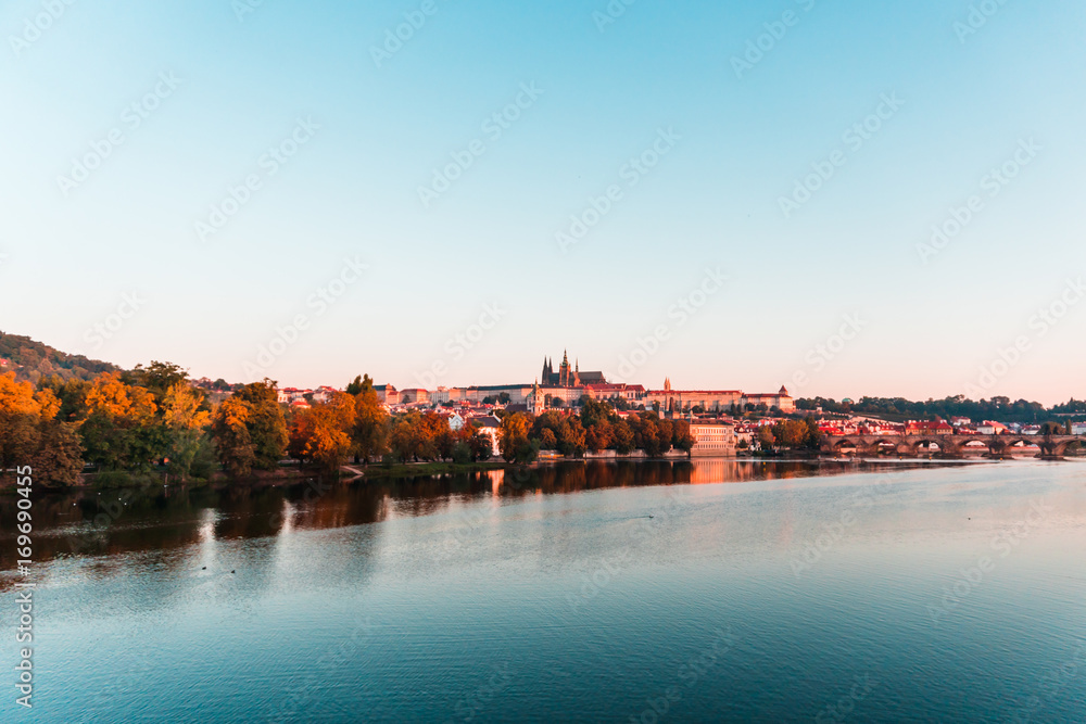 View over Prague Castle, the Vltava River and Strelecky ostrov