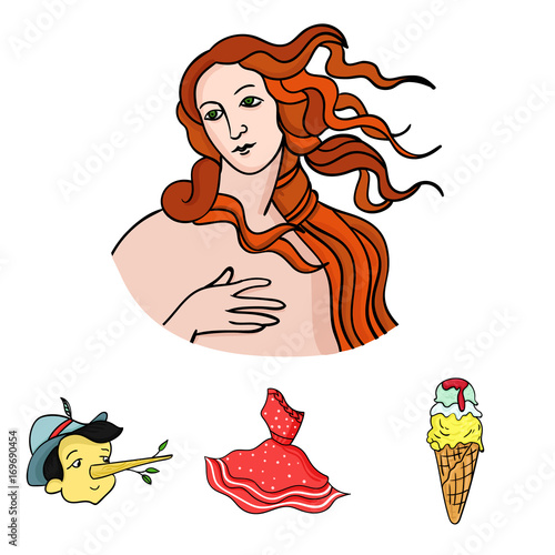 Italian dress, gelato, pinocchio, goddess of love. Italy set collection icons in cartoon style vector symbol stock illustration web.