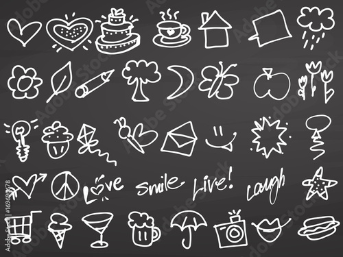 Fun doodles. Icons on Chalkboard.