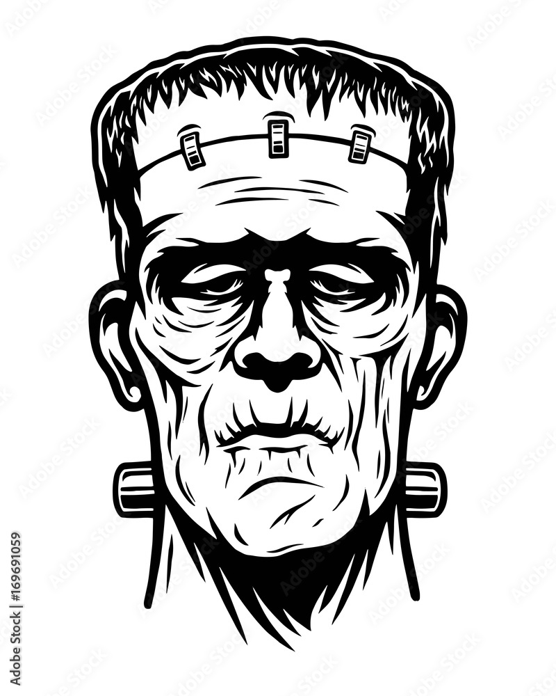 Monochrome Illustration Of Frankenstein Head. Isolated On White 