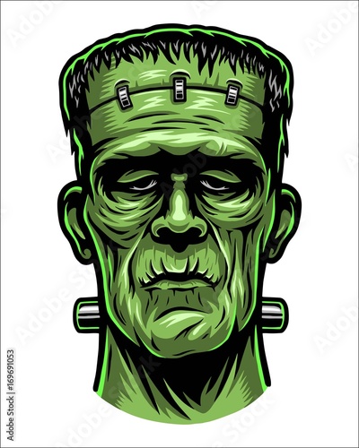 Color illustration of Frankenstein head. Isolated on white background. Halloween theme photo
