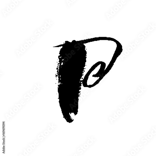 Letter P. Handwritten by dry brush. Rough strokes font. Vector illustration. Grunge style elegant alphabet