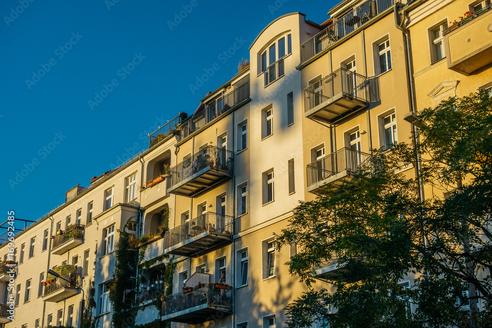 apartment houses in warm sunlight