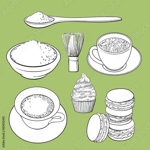 Set of matcha powder, wooden spoon and whisk, tea and latter cup, cupcake, macaroni, sketch vector illustration isolated on green background.