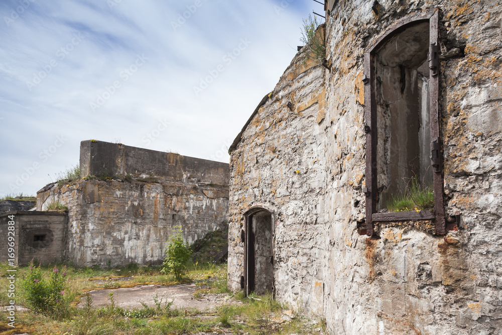 Empty windows of abandoned concrete bunker