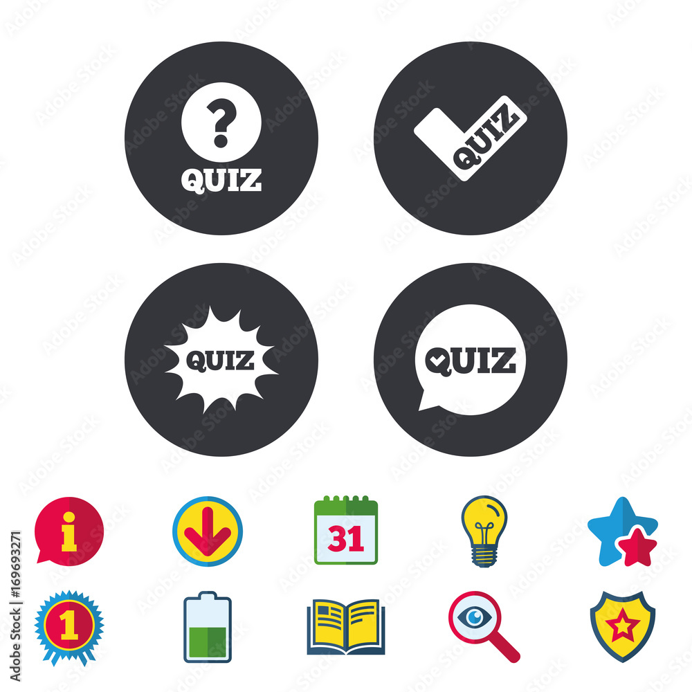 Quiz icons. Speech bubble with check mark symbol. Quiz icons. Speech bubble with check mark symbol.