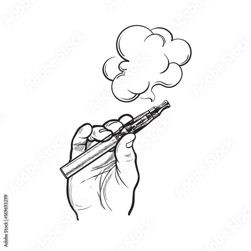 Male hand holding e-cigarette, electronic cigarette, vapor with smoke coming out, black and white sketch vector illustration isolated on background.