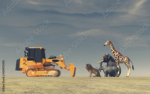 A yellow bulldozer in front...