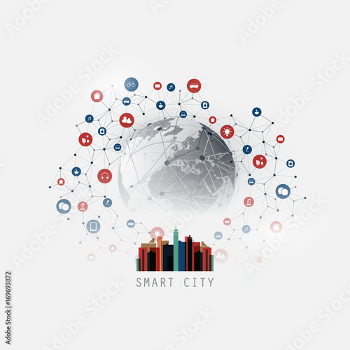 Colorful Smart City Design Concept with Icons - Digital Network Connections, Technology Background