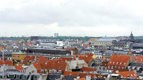 View of the city from the platform at the top of the Rundetaarn or Round Tower in central Copenhagen, Denmark