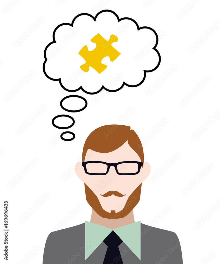 Person denkt an Puzzleteil Person denkt an Puzzleteil