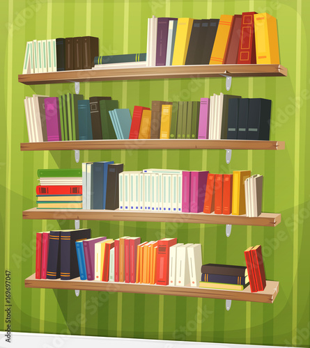 Cartoon Library Bookshelf On The Wall