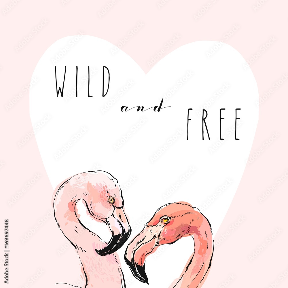 Φωτογραφία Hand drawn vector abstract tropical romantic illustration with couple of two pink flamingos and modern calligraphy quote Wild and free isolated on white background