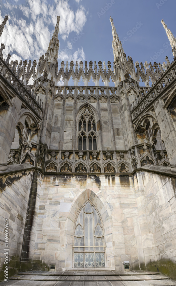 upper side facade at Cathedral, Milan, Italy