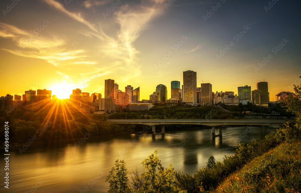 Sunset above Edmonton downtown and the Saskatchewan River, Canada