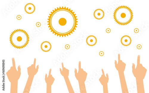 Hände zeigen auf orange Zahnräder